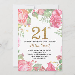 Floral 21st Birthday Invitation Gold Glitter