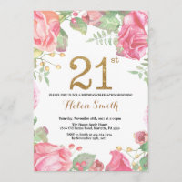 Floral 21st Birthday Invitation Gold Glitter