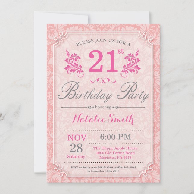Floral 21st Birthday Invitation Pink for Women (Front)