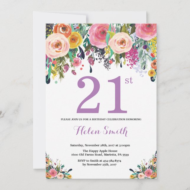 Floral 21st Birthday Invitation Purple (Front)