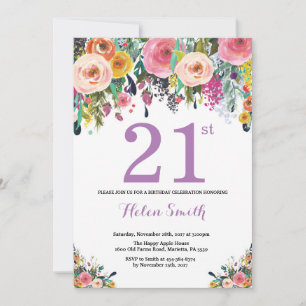 Floral 21st Birthday Invitation Purple