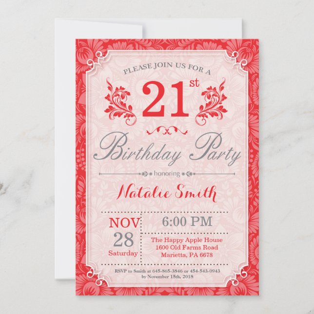 Floral 21st Birthday Invitation Red for Women (Front)