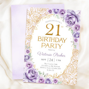 Floral 21st Birthday Lilac Purple Gold Invitation