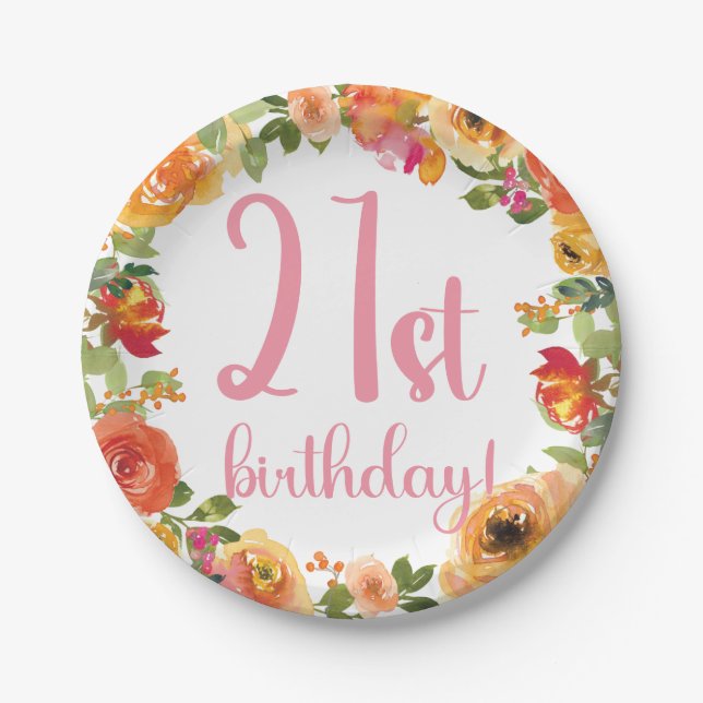 Floral 21st Birthday Paper Plate (Front)