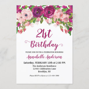 Floral 21st Birthday Purple Pink Modern Watercolor Invitation