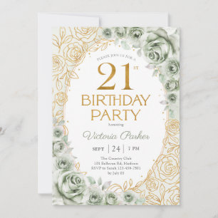Floral 21st Birthday Sage Green Gold Invitation