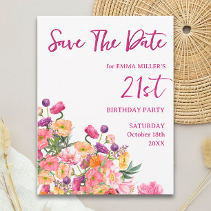 Floral 21st Birthday Save the Date - Elegant Announcement Postcard