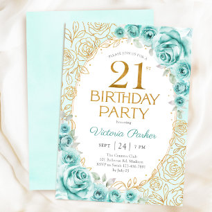 Floral 21st Birthday Turquoise Gold Invitation