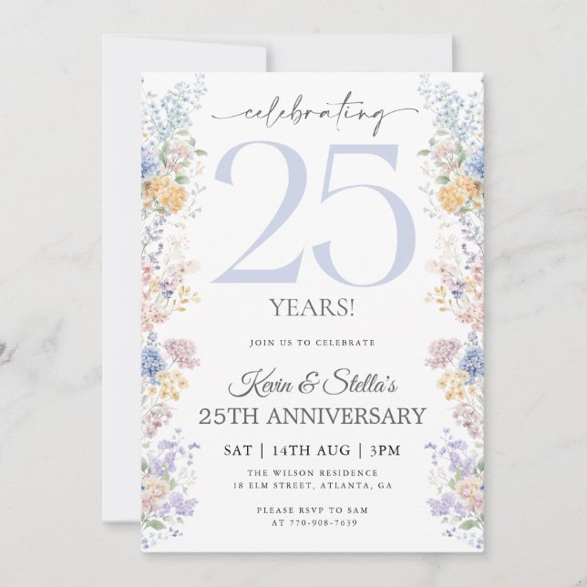 Floral 25th Anniversary Invitation With Photo (Front)