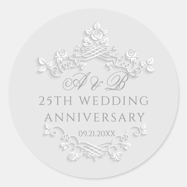 Floral 25th Wedding Anniversary  Classic Round Sticker (Front)