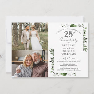 Floral 25th Wedding Anniversary Then & Now 2 Photo Invitation