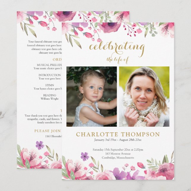 Floral 2 Photo Funeral Memorial Order Of Service Programme (Front/Back)