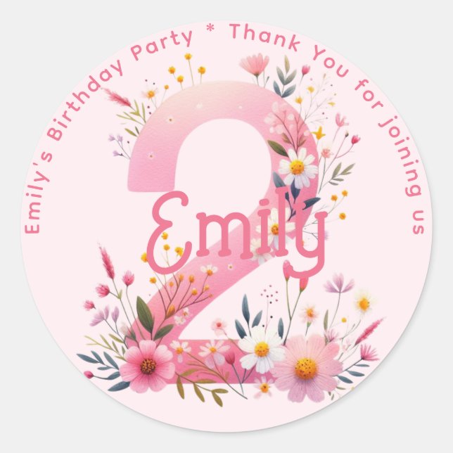 Floral 2nd Birthday Thank You Favour Two Custom Classic Round Sticker (Front)