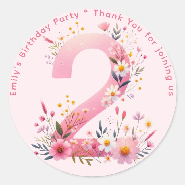 Floral 2nd Birthday Thank You Favour Two Custom Classic Round Sticker (Front)
