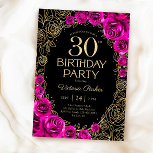 Floral 30th Birthday Fuchsia Pink Black & Gold Invitation