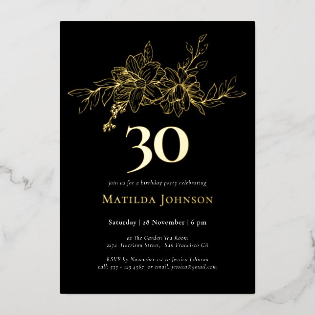 Floral 30th Birthday Gold Foil Invitation (Front)