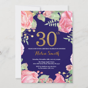 Floral 30th Birthday Gold Glitter Navy Blue Invitation
