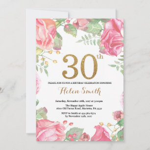 Floral 30th Birthday Invitation Gold Glitter