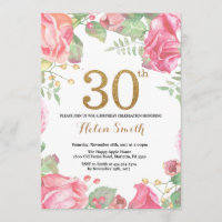 Floral 30th Birthday Invitation Gold Glitter