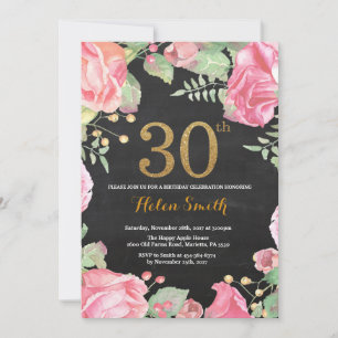 Floral 30th Birthday Invitation Gold Glitter
