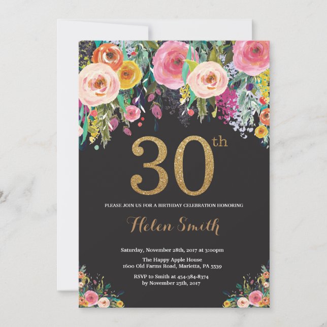 Floral 30th Birthday Invitation Gold Glitter (Front)