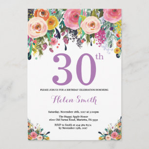 Floral 30th Birthday Invitation Purple
