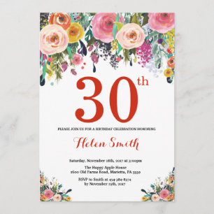 Floral 30th Birthday Invitation Red