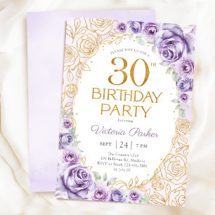 Floral 30th Birthday Lilac Purple Gold Invitation