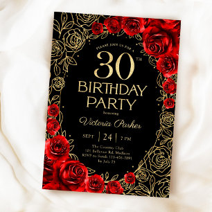Floral 30th Birthday Red Black Gold Invitation