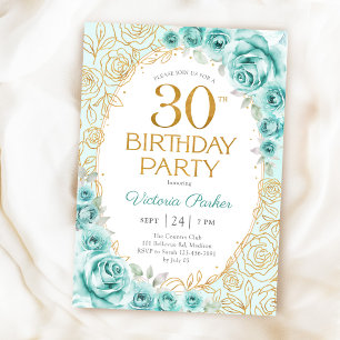Floral 30th Birthday Turquoise Gold Invitation