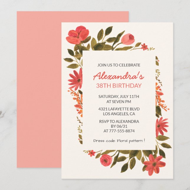 Floral 38th birthday invitations Boho Elegant (Front/Back)