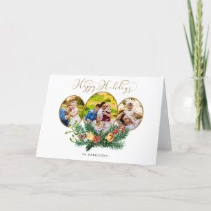 Floral 3-Photo Gold Happy Holidays Script Holiday Card