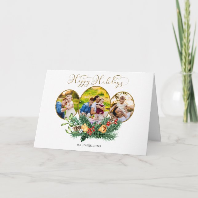 Floral 3-Photo Gold Happy Holidays Script Holiday Card (Front)