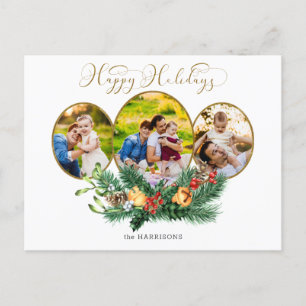 Floral 3-Photo Gold Happy Holidays Script Holiday Postcard
