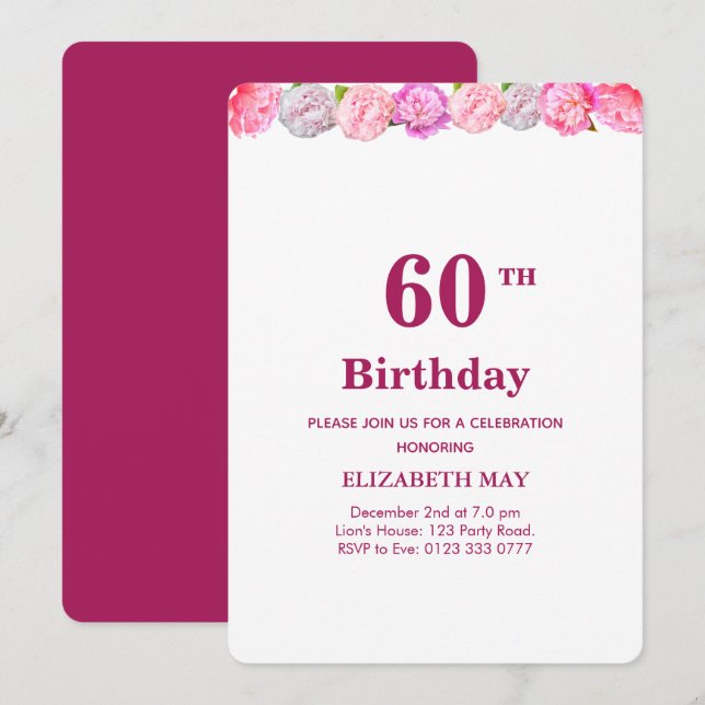 Floral 40th, 60th Birthday on Burgundy & White Invitation (Front/Back)