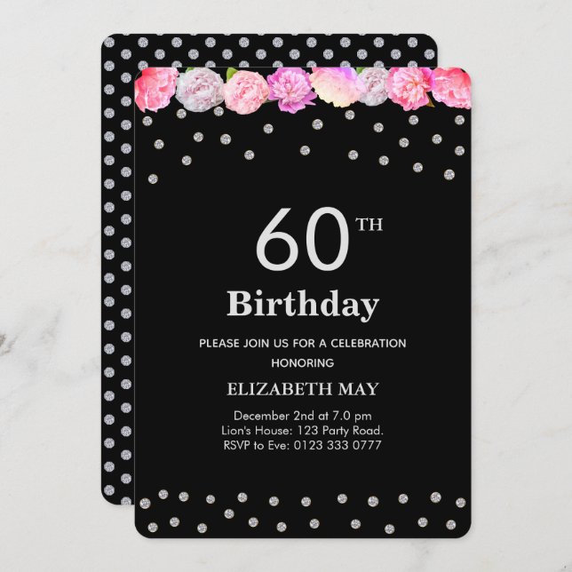 Floral 40th, 60th Birthday with Diamonds on Black Invitation (Front/Back)