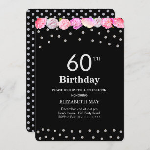 Floral 40th, 60th Birthday with Diamonds on Black Invitation