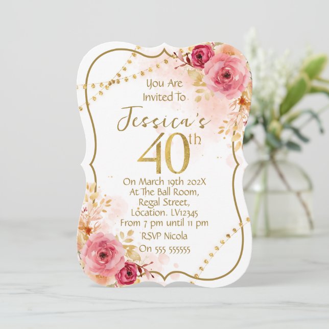 Floral 40th Birthday Invitation (Standing Front)