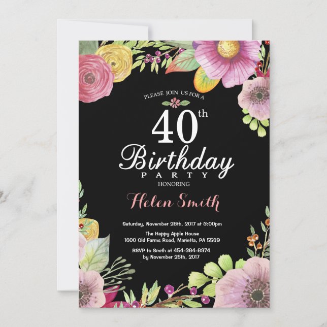 Floral 40th Birthday Invitation for Women (Front)