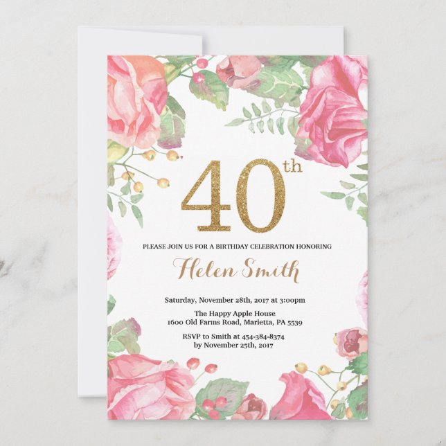 Floral 40th Birthday Invitation Gold Glitter (Front)