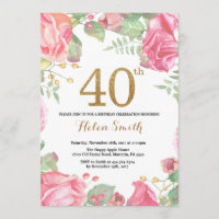Floral 40th Birthday Invitation Gold Glitter