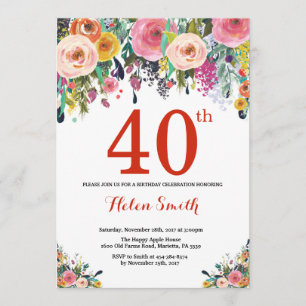 Floral 40th Birthday Invitation Red