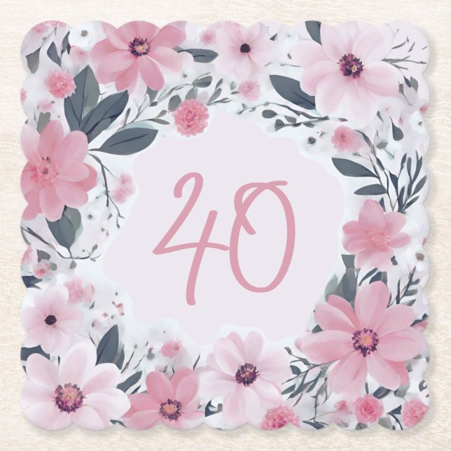 Floral 40th Birthday Party Pastel Pink Flowers Paper Coaster (Front)