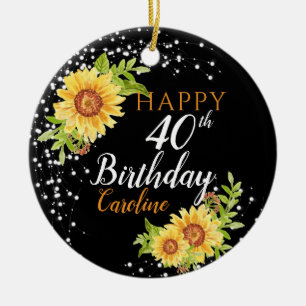 Floral 40th Birthday Sunflower Black Ceramic Tree Decoration
