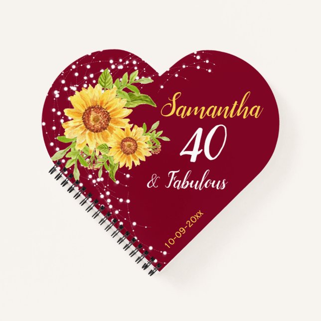 Floral 40th Birthday Sunflower Burgundy Guest Notebook (Front)