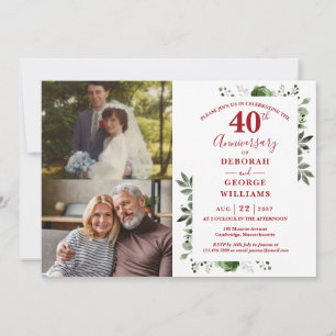 Floral 40th Wedding Anniversary Then & Now 2 Photo Invitation