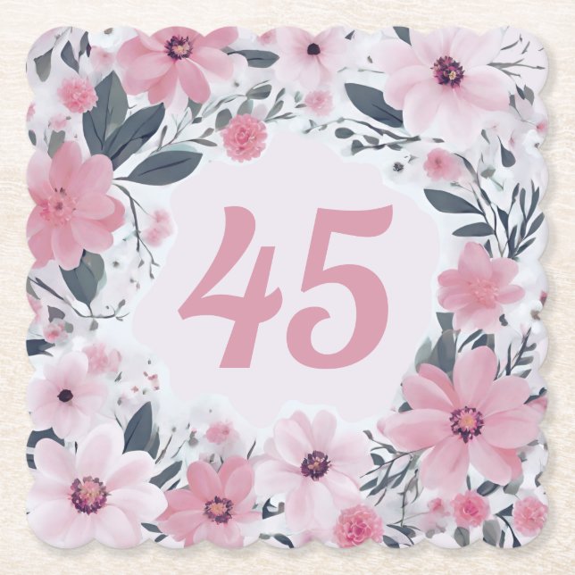 Floral 45th Birthday Party Pastel Pink Flowers Paper Coaster (Front)