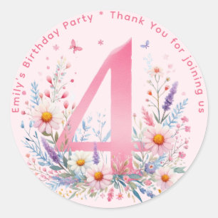 Floral 4th Birthday Thank You Favour Four Custom Classic Round Sticker