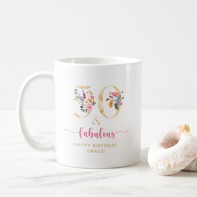 Floral 50 and Fabulous Birthday Gold and Pink Coffee Mug (With Donut)