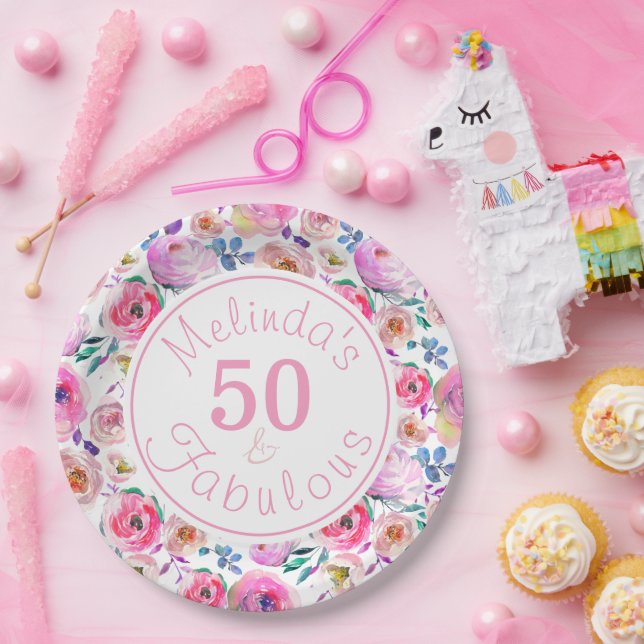 Floral 50 and Fabulous Pink Roses and Peonies Paper Plate (Party)